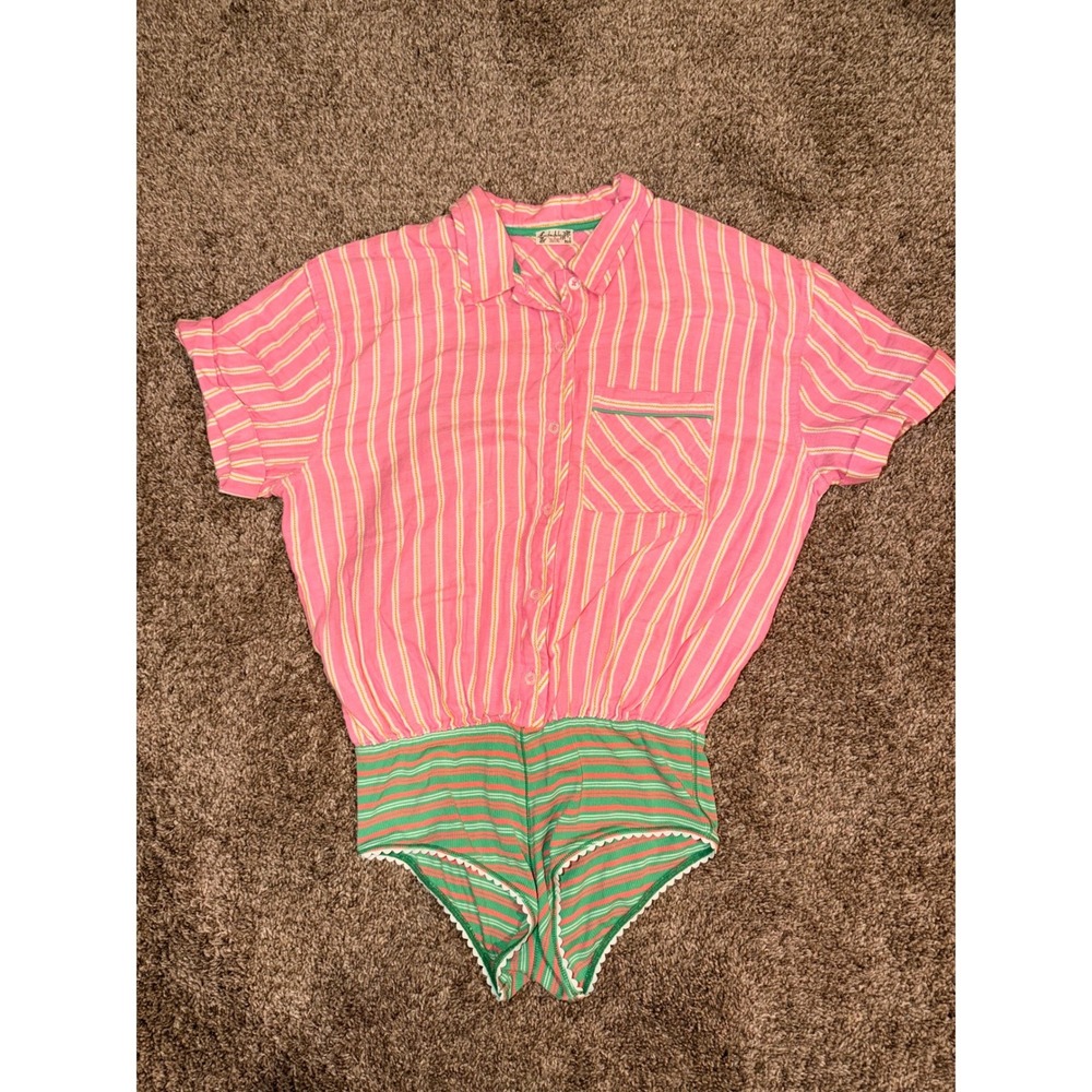 Intimately Free People Striped Button Down Bodysuit Pink Green Small-741